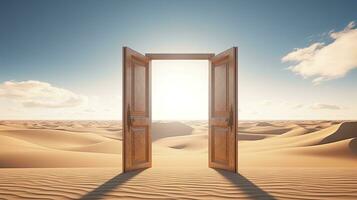 AI generated The opened door on the desert. Unknown and start up concept. AI Generated. photo