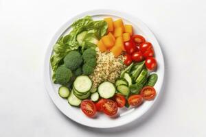 ai generado ensalada con quinua, espinaca, brócoli, Tomates, pepinos y zanahorias. ai generado foto