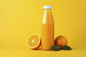 AI generated Orange Juice bottle on orange background. AI Generated photo