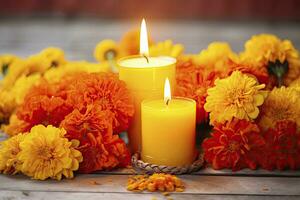 AI generated Candles and marigold flowers. Day of the dead concept dia de los muertos. AI Generated photo