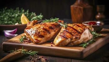 AI generated Closeup of tasty roast chicken breast served on wooden board. Grilled chicken. Generative AI photo