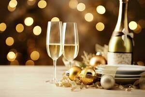 AI generated Christmas table setting with holiday decorations in gold color. AI Generated photo