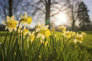 AI generated Daffodils in spring backlit by sun. AI Generated photo