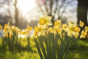 AI generated Daffodils in spring backlit by sun. AI Generated photo
