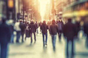 ai generado borroso negocio personas caminando en el ciudad bohordo. ai generado foto