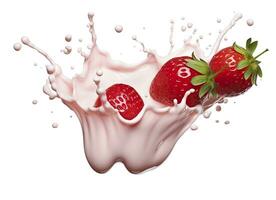 AI generated milk or yogurt splash with strawberries isolated on white background, 3d rendering. AI Generated photo