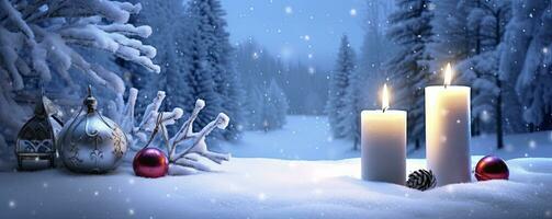 AI generated Winter Forest Landscape With Burning Candles Christmas Decoration. AI Generated photo