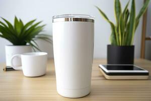 AI generated White stainless steel sublimation blank tumblers with straw, product shot. Generative AI photo