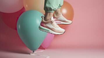 AI generated Flying trendy sneakers on creative colorful background, Stylish fashionable concept. AI Generated photo