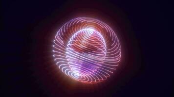 abstrakt lysande looped ljus hi-tech energi lila runda boll sfär atom koagulera av energi från rader och partiklar futuristisk, abstrakt bakgrund video