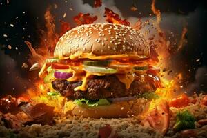 AI generated Chaotic Hamburger explosion. Grilled meal bun photo