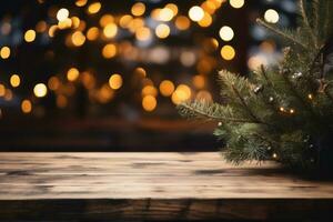 AI generated Christmas tree with lights on wooden table photo