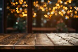 AI generated Christmas tree with lights on wooden table photo