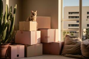 AI generated Cat sitting on boxes in a sunny courtyard photo