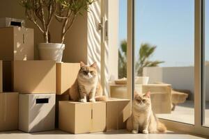 AI generated Cat sitting on boxes in a sunny courtyard photo