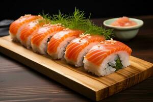AI generated Assorted Sushi Rolls on Wooden Platter photo