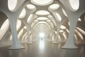 AI generated Futuristic White Tunnel with Circular Openings photo