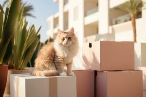 ai generado gato sentado en cajas en un soleado patio foto