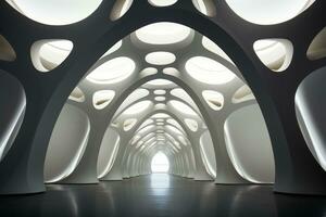 AI generated Futuristic White Tunnel with Circular Openings photo