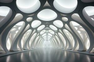 AI generated Futuristic White Tunnel with Circular Openings photo