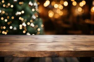 AI generated Christmas tree with lights on wooden table photo