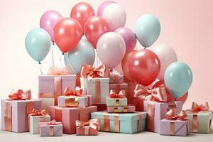 AI generated Colorful Balloons and Gifts Arrangement photo