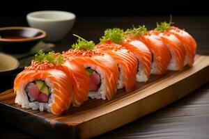 ai generado clasificado Sushi rollos en de madera plato foto