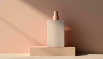 AI generated Bottle mockup on the beige pastel background, studio shot, Body Care Home Family Cleaning Bathing photo