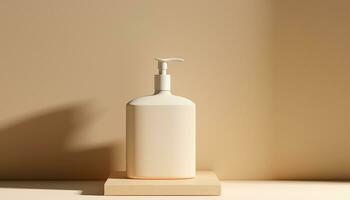 AI generated Bottle mockup on the beige pastel background, studio shot, Body Care Home Family Cleaning Bathing photo