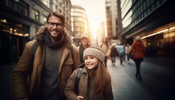 AI generated Happy father with daughter walking exploring the city streets in autumn or warm winter. photo