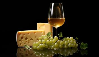 AI generated Glass of white wine chardonnay with grapes, and cheese on a dark background. photo