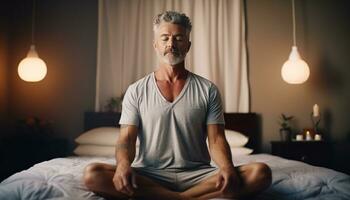 ai generado medio Envejecido maduro deporte hombre haciendo yoga meditación en el cama a hogar. calma, relajarse, yo explorador. foto