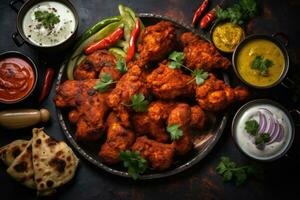 AI generated Chicken tikka masala or chicken tikka, Indian food, Indian food feast with chicken tikka masala curry, tandoori chicken, and appetizers, top view, AI Generated photo