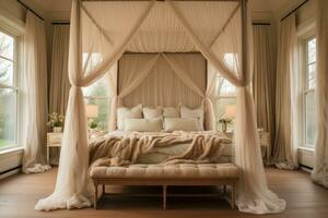 AI generated Interior of a luxury bedroom with big bed and beige curtains, A dreamy canopy bed draped with sheer fabric in a spacious bedroom, AI Generated photo
