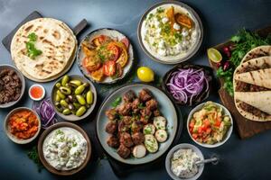 AI generated Traditional mexican food served on dark background. Tzatziki, tzatziki, tzatziki, pita bread, olives, pickles, onion rings, pickled cucumbers, tortillas, AI Generated photo