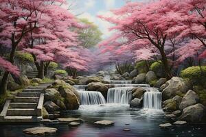 AI generated Cherry blossom and waterfall in spring season, 3d rendering, Japanese garden painting with a sakura tree, ultra-realistic and photorealistic in style, AI Generated photo