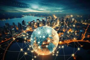 AI generated Globe and network connection over cityscape background. Globalization concept, Global network connection and the internet of things IoT concept, AI Generated photo