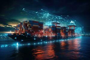 AI generated Containers shipping and global network connection concept. 3D Rendering, Incorporating new tech for ship transport and cargo regulation, AI Generated photo