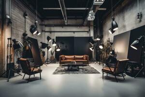 AI generated Interior of a modern photo studio with loft style lighting equipment, Interior of a contemporary photo studio equipped with professional gear, AI Generated