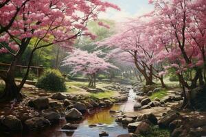 AI generated cherry blossom in japanese garden, spring season, Japanese garden painting with a sakura tree, ultra-realistic and photorealistic in style, AI Generated photo