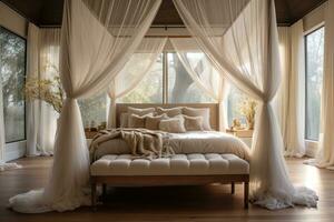 AI generated Interior of modern bedroom with big window, curtains and comfortable bed, A dreamy canopy bed draped with sheer fabric in a spacious bedroom, AI Generated photo