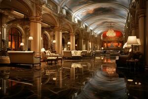 ai generado lujo hotel vestíbulo interior con reflexión en agua. Clásico estilo, interior de un hotel vestíbulo, opulento hotel vestíbulo interior, ai generado foto