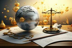 AI generated 3d illustration of law and justice concept with globe and scales of justice, Intellectual Property Copyright for copyrighted material, AI Generated photo