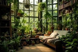 ai generado interior de un botánico jardín con verde plantas y un sofá, interior diseño habitación con un abundancia de plantas, ai generado foto