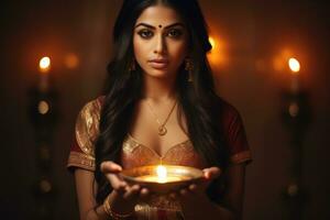 ai generado retrato de un hermosa joven mujer en indio vestir participación un vela, indio mujer participación diya o petróleo lámpara en mano, ai generado foto