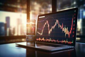 AI generated Laptop with stock market chart on screen. Finance and trade concept. 3D Rendering, Investment concept with a stock market chart and candlestick graph on a virtual screen, AI Generated photo