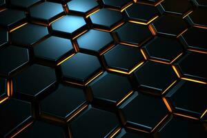 AI generated 3d rendering of abstract background with hexagons in black and orange, Futuristic, high-tech dark background with a triangular block structure, AI Generated photo