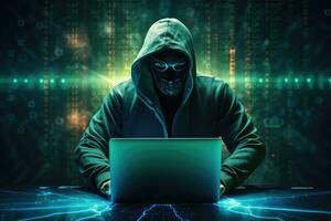 ai generado encapuchado hacker utilizando ordenador portátil con binario código concepto en oscuro fondo, Internet seguridad proteccion desde hacker ataques, ciber ataque y red seguridad concepto, ai generado foto