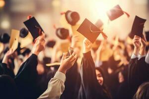 ai generado grupo de contento estudiantes o graduados con diplomas educación y graduación concepto, graduación ceremonia concepto, sombreros y diplomas elevado en manos, de cerca, ai generado foto