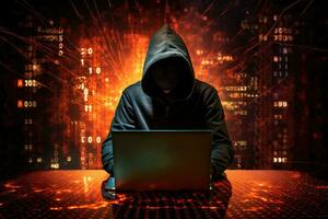 AI generated Hooded hacker stealing information from a laptop with binary code background, Internet security protection from hacker attacks, Cyber attack and network security concept, AI Generated photo